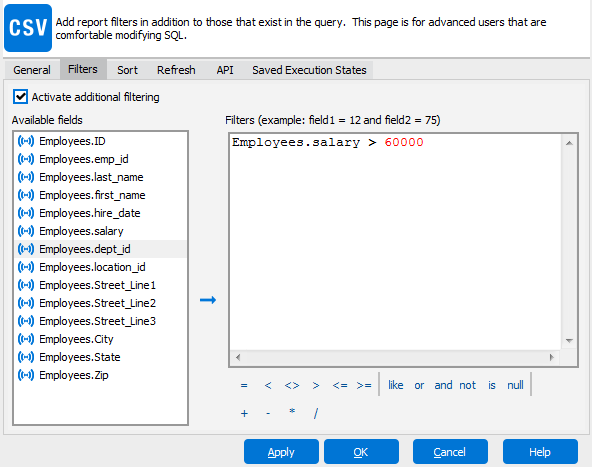Edit Report dialog with a Employees.salary greater than 60000 entered as the filter.